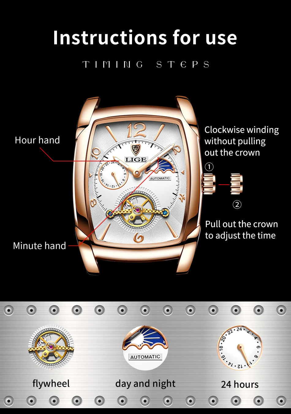 Lige Automatic Moon Phase Tourbillon Luxury Timepiece